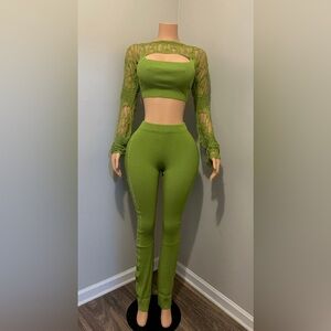 3 Piece Lime Green Crop Tank Top+High-Waisted Leggings+ Crop Shawl